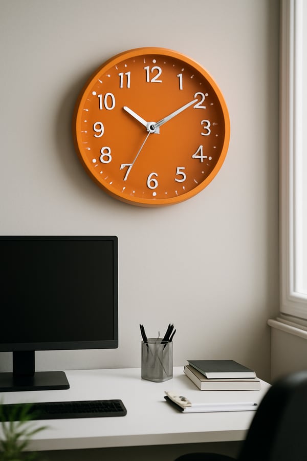 Image of an orange clock on the wall of an office in realistic style