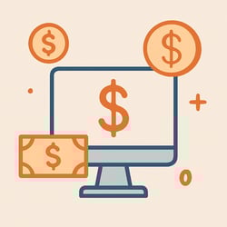 minimal illustration of a computer with money icons around it in orange and blue tones-1