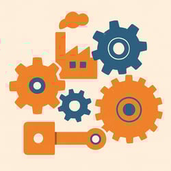 minimal illustration of machine pieces fitting together like a factory in orange and blue tones