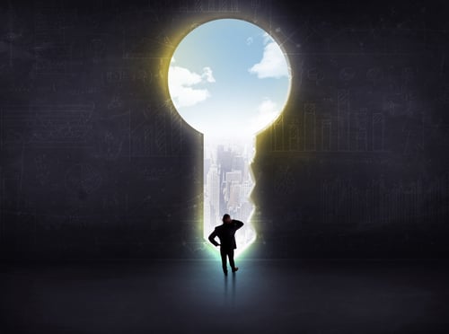 businessman looking a big key, solution concept